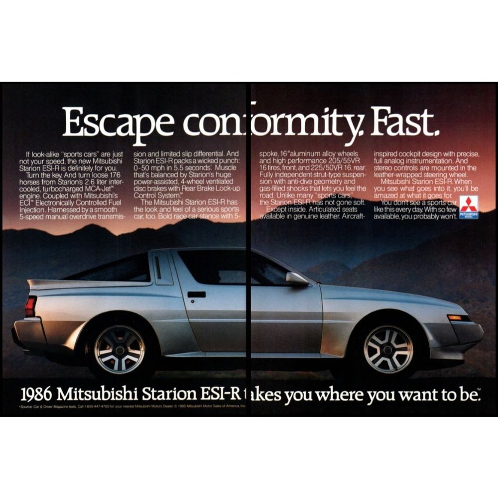 1986 Mitsubishi Starion ESI-R Sports Car 2 Page Vintage Print Ad Wall Art Photo